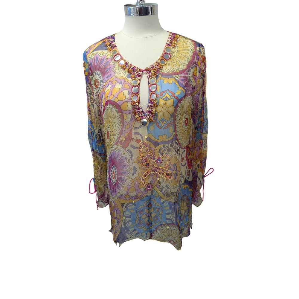 Ishiv Womens Sheer Mandala Print Beaded Mirror Accent Tunic Top Boho Multicolor